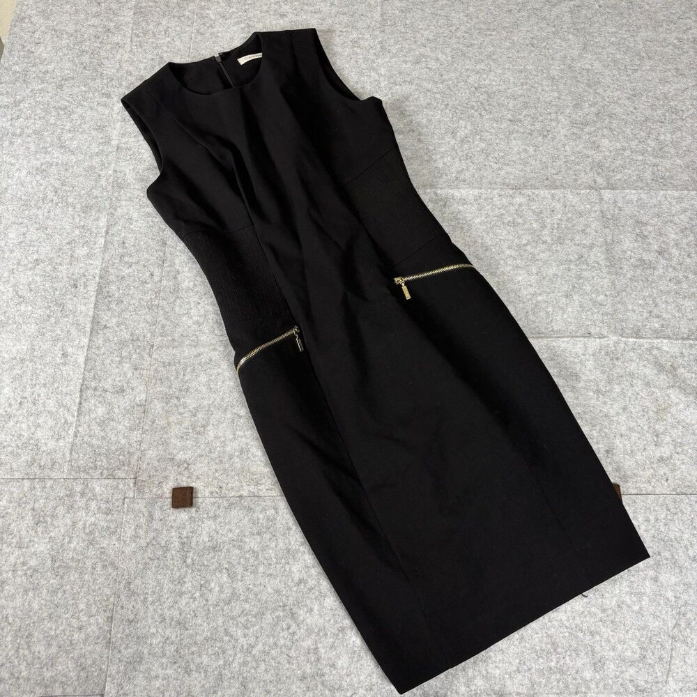 Calvin Klein Sleeveless Black Sheath Dress Gold Tone Hardware w/ Zipper Pockets